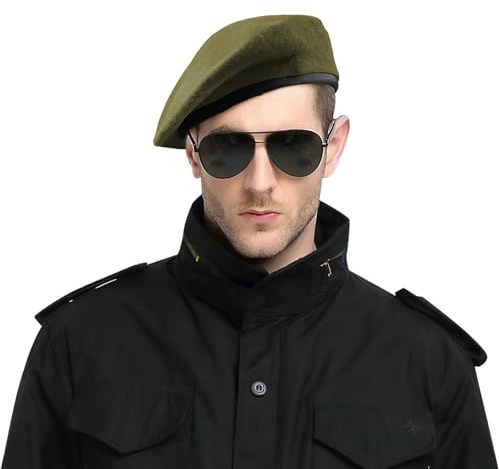 Unisex Commando Barett Retro Wolle Baskenmütze mit Lederbesatz Mode Wollmützen Militärmützen Barettmützen Newsboy Beret Ballonmütze Schiebermütze Wintermütze Mütze Hut Cosplay Kostüm Zubehör(60cm)
