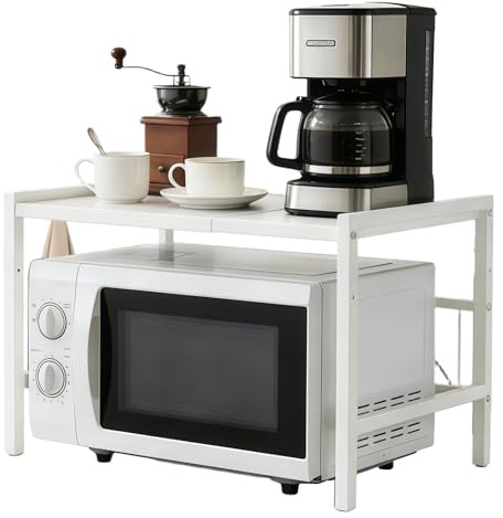 Brstheco Mikrowellen Regal 2-Stufig Stahl Stehendes Küchenregal Verstellbar Erweiterbares Platzsparendes Mikrowellenregal mit 6 Haken für Arbeitsplatte Küche, Weiß
