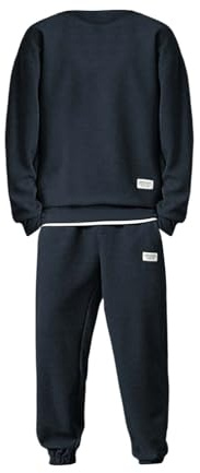 Conjunto de chándal liso de 2 piezas para hombre, cuello redondo, manga larga, sudadera y pantalones deportivos de algodón, casual, con bolsillos, ropa de traje, azul marino, XL