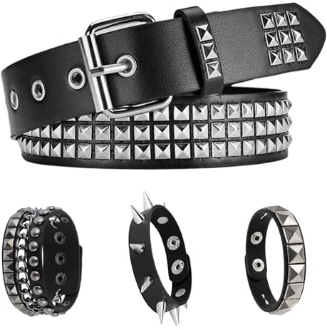 MmotZsb Nietengürtel Damen Und Herren, 4er Set Gürtel Mit Nieten, Emo Gürtel Und Nietenarmband, Accessories Für Verschiedene Anlässe, Schwarz Mit Silbernen Pyramiden Und Viereckigen Nieten