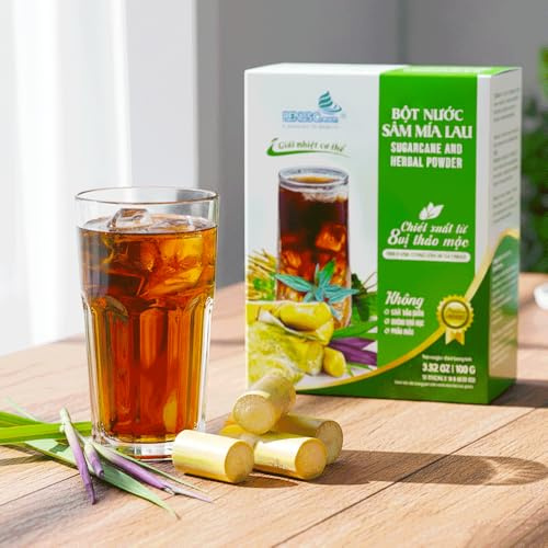 Benus Cream Sugarcane & Herbal Drink Powder (Bột Nước Sâm Mía Lau) – Cooling 8-Herb Extract Tea Mix, No Preservatives or Artificial Colors, 10 Sticks (3.52 oz)