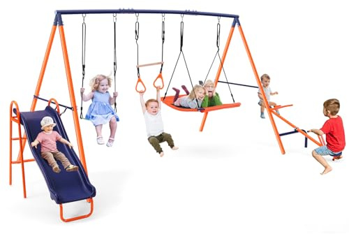 SIHANM Kids Swing Sets for Backyard 700 lbs - 5 in 1 Playground Set with Teeter-Totter & Wave Slide, Large Metal Swing Frame with 2 Adjustable Swings, Ring Trapeze Bar Outdoor Swingset for Kids