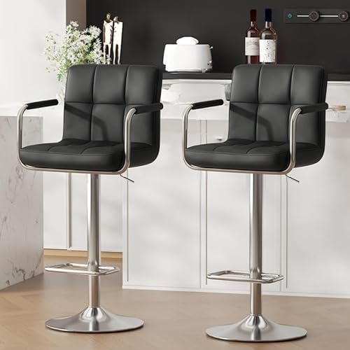 Ckaff Barhocker 2er Set, Barstuhl höhenverstellbar aus PU-Leder, 360°Drehstuhl Küchenstuhl mit Armlehnen, Rückenlehne und Fußstütze für Küche, Wohnzimmer, Esszimmer, Schwarz
