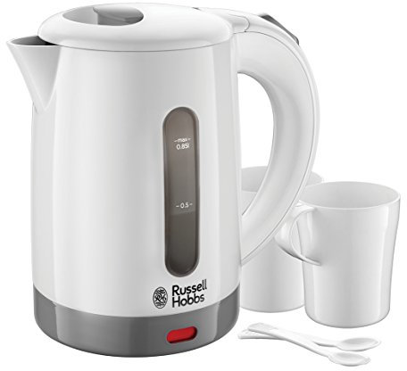 Russell Hobbs Hervidor de Agua Eléctrico Travel - 0,85 litros, 1000 W, Hervidor de Viaje, 2 Tazas y Cucharas, Filtro Extraíble, Indicador del Nivel de Agua, Plástico, Blanco - 23840-70