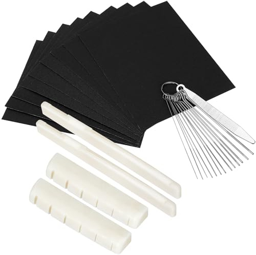 Blisstime 2 Sets (4 Stück) 6-saitige Akustikgitarren-Steg-Sattel und Sattel, aus echtem Knochen mit 9 Sandpapier, Edelstahl-Nadelfeilen in 13 Größen