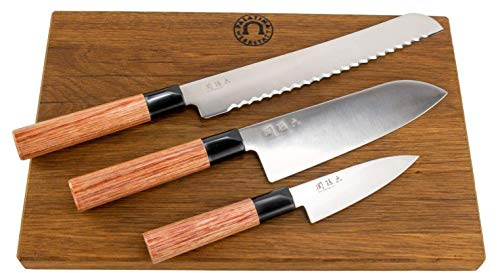 KAI Seki Magoroku Redwood Messerset | 3 ultrascharfe Japan-Messer + massives Schneidebrett aus recyceltem Fassholz (Eiche), 34x21 cm