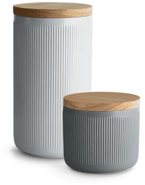 SPRINGLANE Keramik Vorratsdosen 2-tlg. Set mit Holzdeckel Stripes, Kautschukholz-Deckel, Aufbewahrungsdosen, Frischhaltedosen