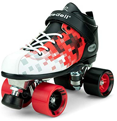 Riedell Dart Pixel Roller Skates - Colorful Ultra-Durable Quad Speed Skates with Snug Fit and Versatile Matching Color Wheels - Black & Red - Size 8