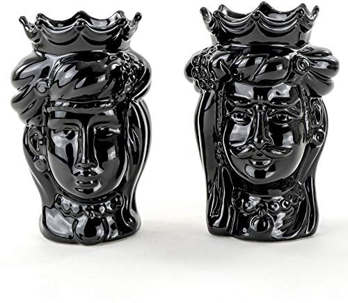 CEAR ceramiche - Teste di moro siciliane nere H cm 14, coppia teste di moro piccole fatte a mano Nero lucido