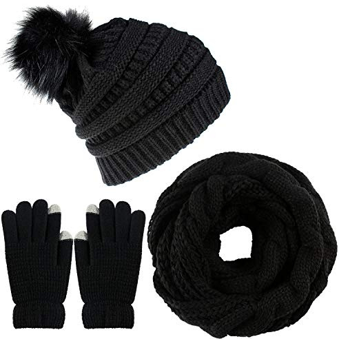 CheChury Damen Kombi Set Schal Mütze Set Loop Schal Gestrickt Beanie Strickmütze Fleece Bommelmütze Pompon Touchscreen-Handschuhe Strick mit Kreis Geschenkset für Frauen