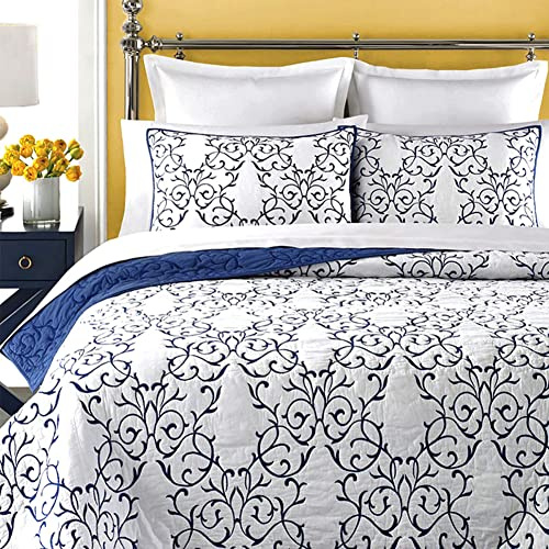 mixinni Reversible King Quilt 3-Piece Blue Embroidery Pattern Elegant Quilt Set with Embroidered Decorative Shams Soft Cotton King Size Bedspread&Coverlet Set-King, Blue