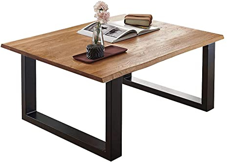SAM Couchtisch 80x80 cm Sierra, Wildeiche massiv, echte Baumkante, Sofatisch mit U-Gestell, Metall Schwarz