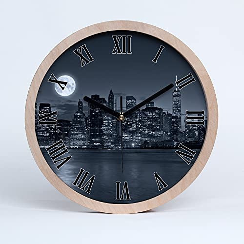 Tulup Holzuhr Uhr Holz ⌀ 25cm Dekoration Wanduhr Modern Runde Stille Uhren Schwarze Uhrzeiger - New York Nacht