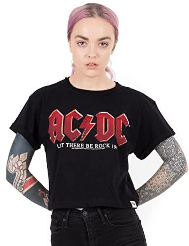 AC/DC Cropped T-Shirt for Women | Ladies Short Sleeve Rock Band Black Crop Top | Distressed Logo Let There Be Rock Song Album | Music CD Gifts Merchandise