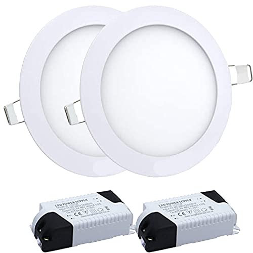 Manningham Lighting LED Recessed Downlight Panel – Pack of 2 6W Energy-Efficient Ultra-Thin Round Ceiling Spotlight with Driver Cool White 6500K - Flat Panel Down Light for Bedroom, Kitchen, Office