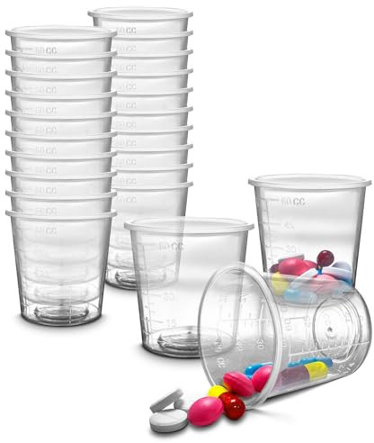 20pc - RE-GEN 60ml Graduated Clear Reusable Measuring Cups Pots Container Beaker Tubs - Ideal for Medicine, Kitchen Cooking, Catering, Medical Lab, Home
