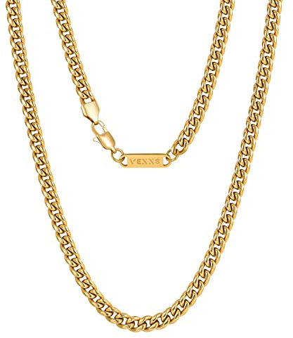 VEXXS 3/4/6mm Herren Panzerkette, 18K Gold beschichtet Cuban Halskette, Miami Kubanische Gliederkette Herren Kette Hip Hop Nickelfrei für Männer (Golden-4mm, 56.00)