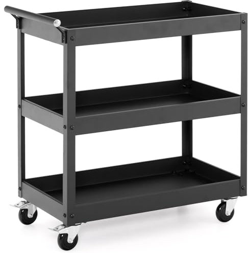 TANGZON 2/3-Tier Rolling Tool Cart, Utility Service Cart with Towel Rack Handle & Wheels, Heavy-duty Steel Mobile Tool Storage Garage Trolley Shelves (3 Tier, 76x38x78cm, Black)
