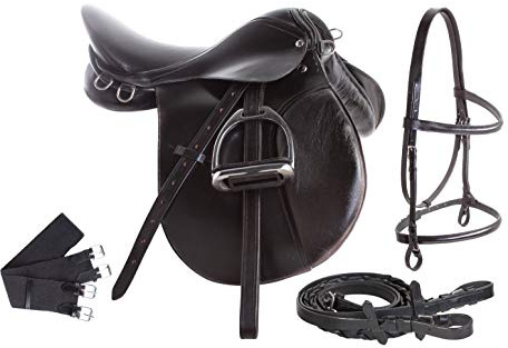 SHOWMEN CRAFT Horse Riding English Saddle Tack Set Leather Leathers Irons Stirrups Bridle REINS Girth Cinch All Purpose Show Jumping Trail Equestrian Starter Package