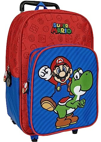 Super Mario Ryggsäck Kabinväska för Barn Blå Röd - Barnryggsäckar Förskola och Resor Mario Luigi Tryck för Pojkar - Barnbagage Backpack med Stora Fack Pojke Avtagbar Vagn - 36x25x15cm - Perletti