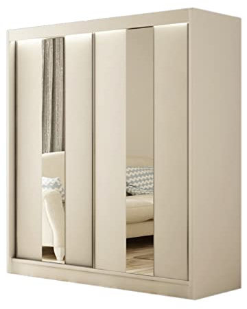 Margaret Hadas24 Kleiderschrank Lukas 150 cm mit Spiegel, Organizer, Mehrzweckschrank, Schwebetürenschrank, Garderobenschrank, Kleiderstange, Kleiderständer, Flurschrank, Schrank, 2-türig, weiß