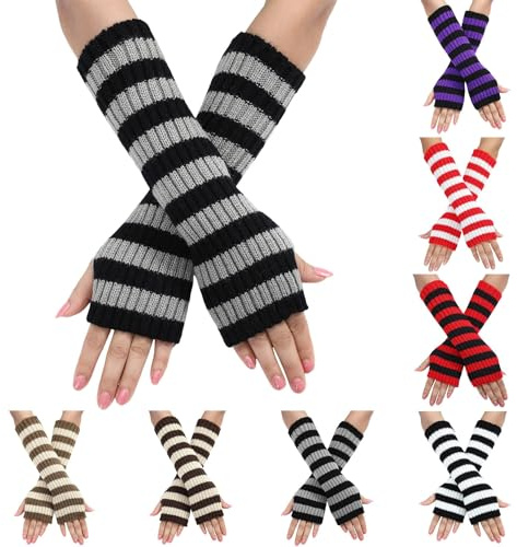 TIMIYUYU Gestreifte Armstulpen Fingerlose Handschuhe für Frauen, Damen Stretchy Stulpen Arm Fingerless Gloves Strickhandschuhe Damen Lang, für Damen und Mädchen, für Weihnachten Karneval Party