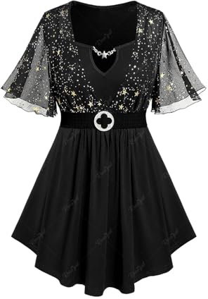 Rosegal 2-in-1-Bluse für Damen, Schmetterlingsärmel, fließend, glitzernd, goldfarbene Prägung, Sternendruck, kurzärmeliges Oberteil mit Gürtel, Schwarz_10, 3X