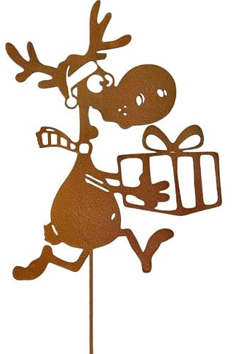 Lustiges Rentier Weihnachten Roststecker 32cm x 9 cm Gartenstecker Metall Advent