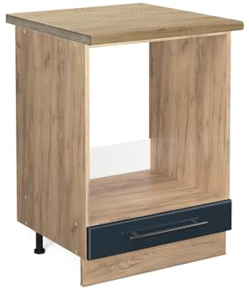 Vicco Herdumbauschrank Fame-Line, Dunkelblau Hochglanz, 60 cm | MDF-Front · AP Eiche inkl. · Höhenverstellbare Füße · Metallgriffe · Einfache Integration ✓