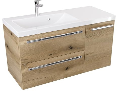 Furni Badezimmer-Waschtischunterschrank 90 cm D L ATH DC - Mattes Holzdekor - Chromgriff