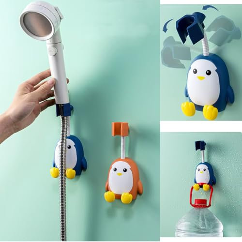 2 PCS Shower Head Holder, Upgrade Universal 360 Degree Adjustable Rotatable Shower Head Bracket,Removable No-Punching Shower Head Bracket Handheld Showerhead (Penguin)