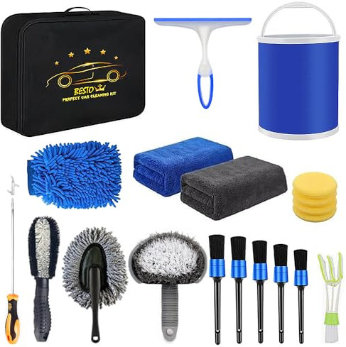 Xvoxy Car Cleaning Kit 20Pcs - Car washing Kit with 11L foldable Bucket - Car Cleaning Products (5 Detailing & wheel Brush)- Car wash kit interior & exterior - Car care gifts for Men/Women