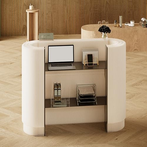 Modern Reception Desk,Retail Checkout Counter Desk Receptionist Table,Front Office Desk,Curved Portable Check Out Stand for Craft Shows,Display Rack,for Small Spaces,Bar,Store,Hotel,Lobby(White)