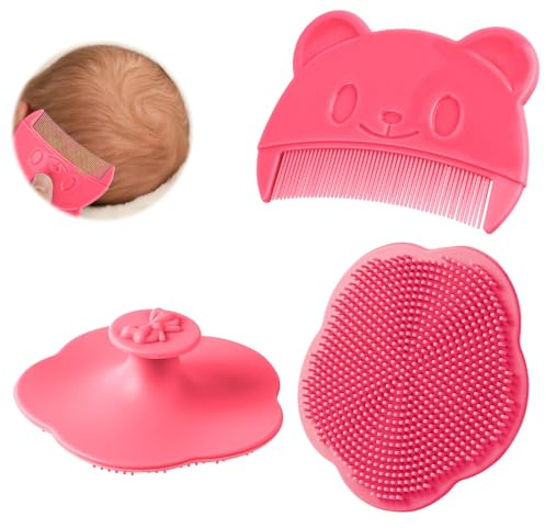 Aolso 2 Piezas Cepillo de Baño para Bebe, Cepillo Costra Láctea Bebe, Cepillo de Masaje para Cuero Cabelludo de Silicona, Peine Bebe Adecuado para Recién Nacidos,Bebés (Rosa)