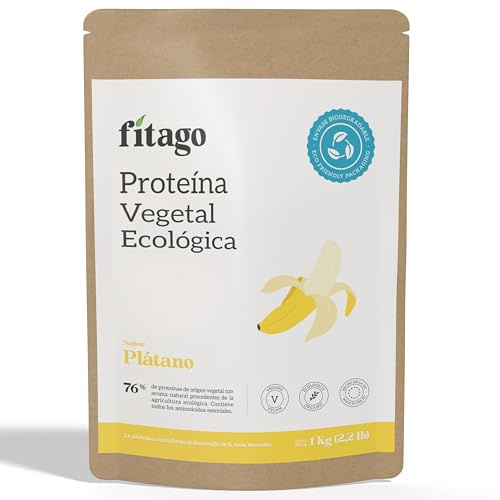 Proteina Vegana Ecologica en Polvo, 1kg | Sabor Plátano | 76% de Proteína Vegetal | Triple Fuente Arroz, Guisante y Cáñamo | Sin Edulcorantes Artificiales | Sin Gluten | Apta para Veganos - Fitago