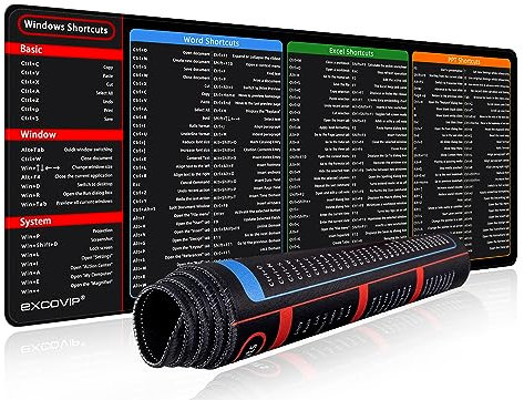 excovip Großes Mauspad mit Excel Tastaturkürzeln für Office, multifunktional, komfortabel Gaming Mousepad, Anti Rutsch Schreibtischunterlage für Büro und Zuhause 900x300mm