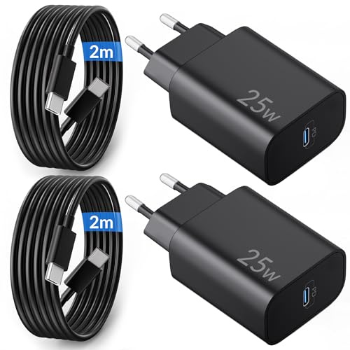 Chargeur USB C Rapide pour Samsung Galaxy S26 Ultra Plus S25 S24 S23 S22 S21 FE 5G A56 A55 A54 A53 A35, iPhone 17 16 15 Pro Max, 25W USBC PD Adaptateur Secteur Prise + 2M Type C Cable 2Pack