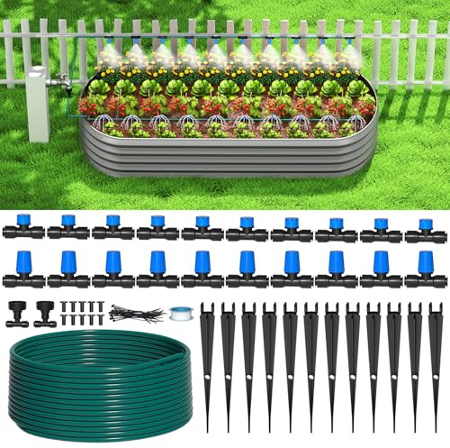 Bonviee 65FT Drip Irrigation System with Quick Connector- New Automatic Drip Irrigation Kits Garden Watering System for Raised Bed Garden Greenhouse with 1/4'' Tubing, Drip Emitters, Connectors