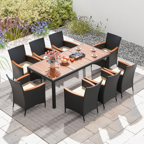 LIFEZEAL 9-teiliges Rattan Gartenmöbel Set, Sitzgruppe mit Gartentisch & 8 Stühlen, Gartenstühle mit Rückenlehne & Kissen, Essgruppe Gartengarnitur für 8 Personen, für Patio Garten (Schwarz)