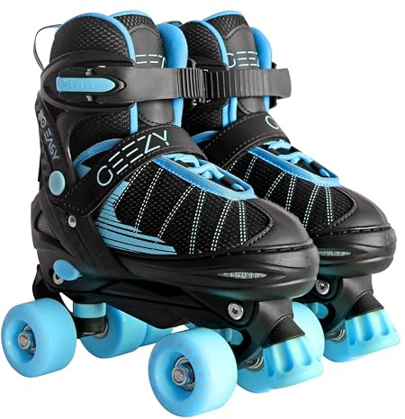 Adjustable Black & Blue Kids Roller Skates – Quad Skates with Carry Strap, Hook & Loop Fastener, PVC Wheels, Front Brake – Gift for Boys & Girls for Indoor & Outdoor Sports, UK Size 5-7