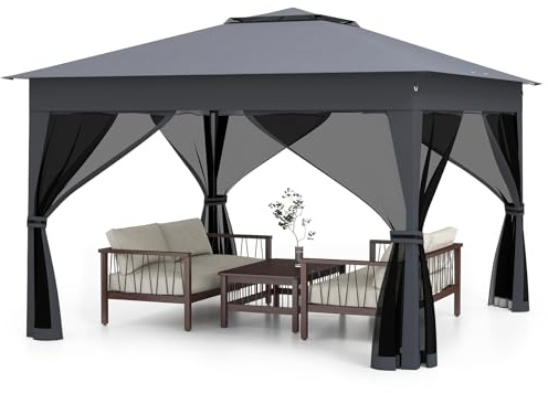 RELAX4LIFE Tonnelle Pliante 3x3 avec Moustiquaires, Tonnelle de Jardin Exterieur Facile à Monter, Toit Ventilé Argenté, Protection Solaire, Sac Inclus, Pavillon de Jardin pour Terrasse Patio, Gris