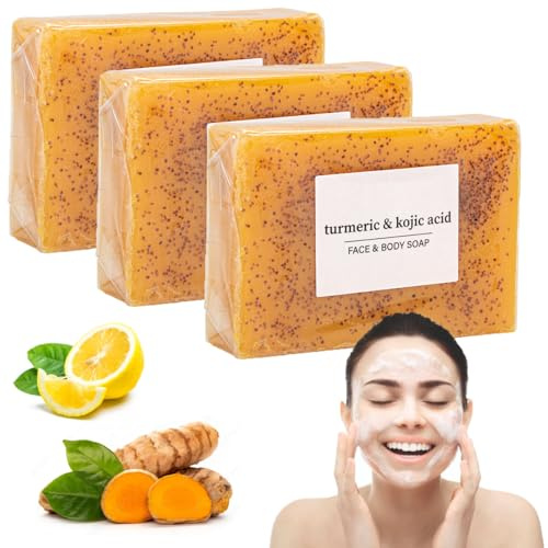 3PCS Turmeric Soap Bar, Natural Turmeric and Kojic Acid Soap for Face Body