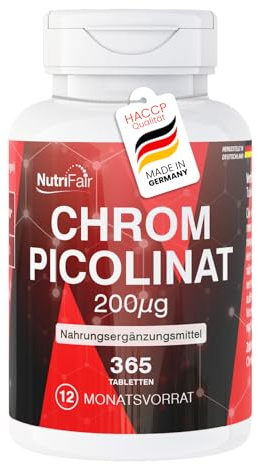 Cromo picolinato 200μg – 365 compresse – * livelli normali di zucchero nel sangue – dose elevata – 100% vegano – produzione tedesca e test di laboratorio – NutriFair | Premium & Fair