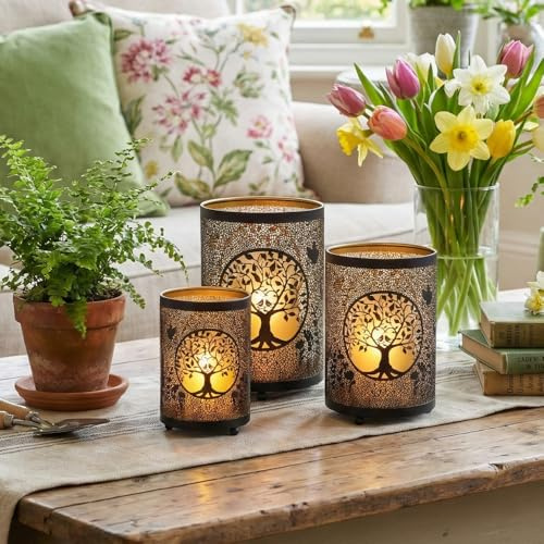 TRIROCKS Tree of Life Candle Lantern 13cm&16cm&19cm High Etched Bronze Metal Candle Holder Decorations for Living Room Tabletop Parties Patio Entryway Indoors Outdoors(3PCS)