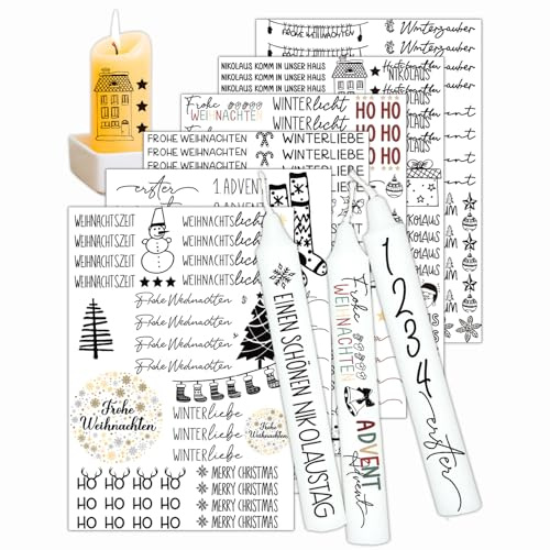 Kerzentattoos Weihnachten – Sticker & Folie für DIY Kerzen & Adventskranz | Festliche Tischdeko mit liebevollen Weihnachtsmotiven. Perfektes Bastelset für die Familie zur gemütlichen Adventszeit.