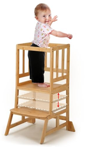 COSYLAND Torre de Aprendizaje Montessori de Niños - Torre de Aprendizaje para Bebés de 1 a 6 Años - 3 Niveles de Altura Regulable - Natural Clásico