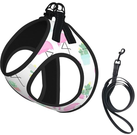 Tropisk flamingo söt kaktustryck hundsele med koppelset, Step-in andningsbar valp katt hundväst, inget drag justerbar valpsele