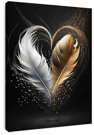 Wandbild mit Rahmen 30×40 cm – Modernes Feder Herz Leinwandbild für Wohnzimmer Schlafzimmer Küche Büro – Premium Bilder inkl. Haken, Nägel & Magischer Klettbefestigung – Elegante Wanddeko Kunst