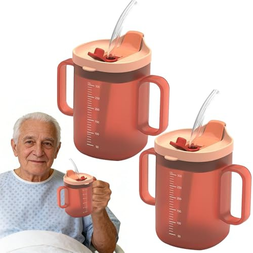KBIBCK 2 Stück Schnabeltasse Senioren, 300ml Auslaufsichere Becher für ältere Menschen, Schnabeltasse Senioren Mit Griff, Trinkbecher mit Deckel, Ideal für Pflege und Reisen(Orange)