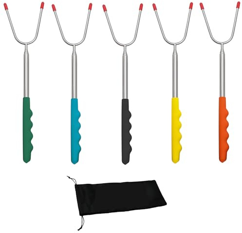 5 Pcs Pic a Brochette, Piques à Brochette Télescopiques 31-115cm, Fourchette Guimauve en Acier Inoxydable pour Barbecue, Feu de Camp et Camping - avec Sac de Rangement Oxford